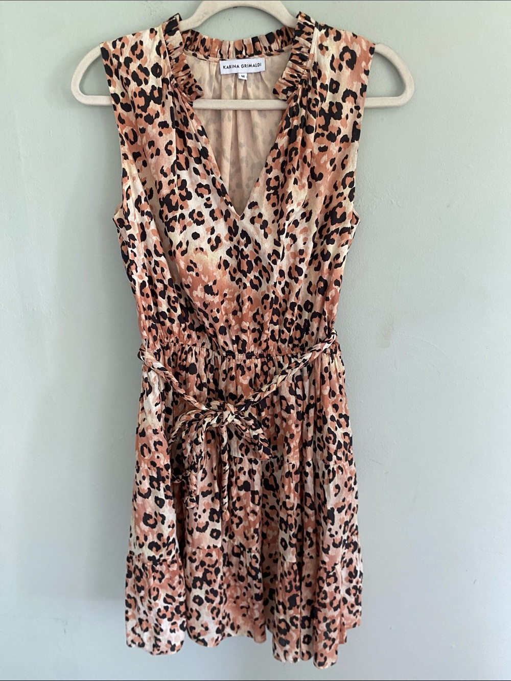 Karina Grimaldi Womenβs Trina Leopard Print Mini Dress Size Medium 100% cotton